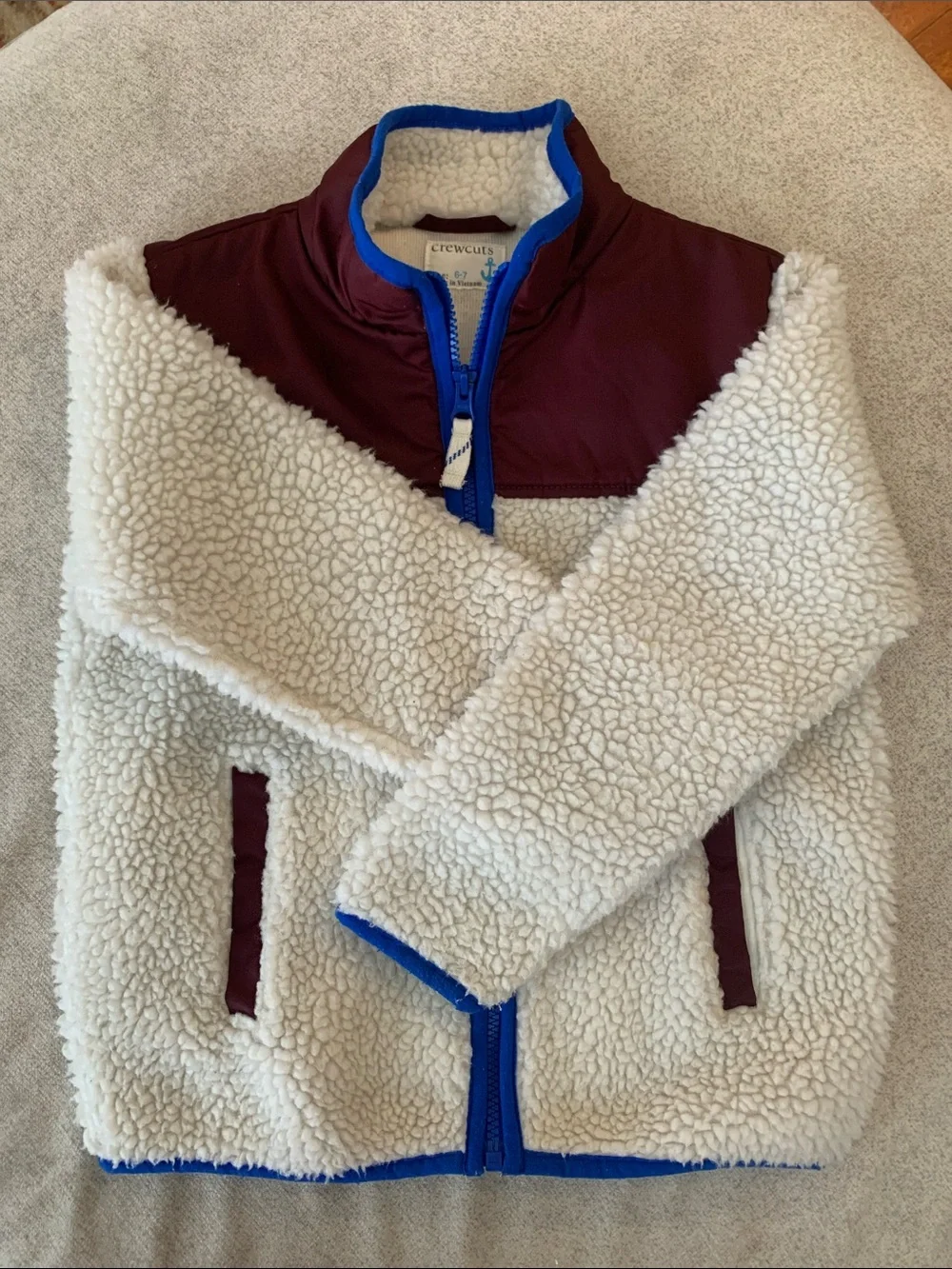 Crewcuts Youth Cream Sherpa Jacket with Burgundy Yoke and Blue Trim